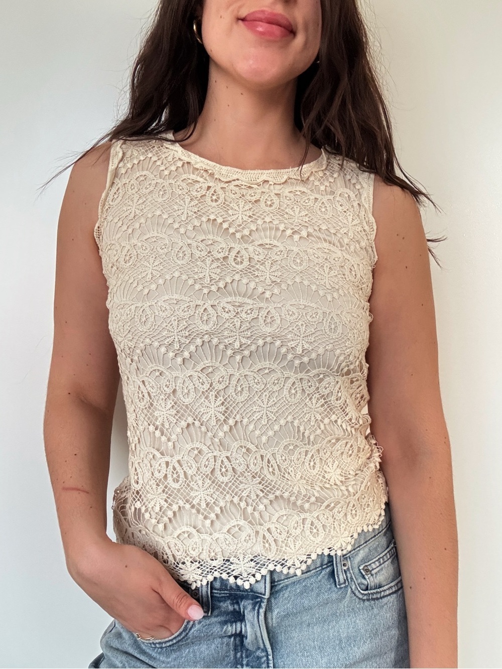 Adiva Cream Crochet Lace Tank Top 100% cotton XS